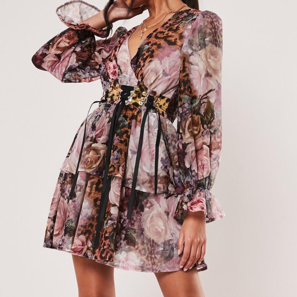 Missguided pink floral leopard print tiered corset